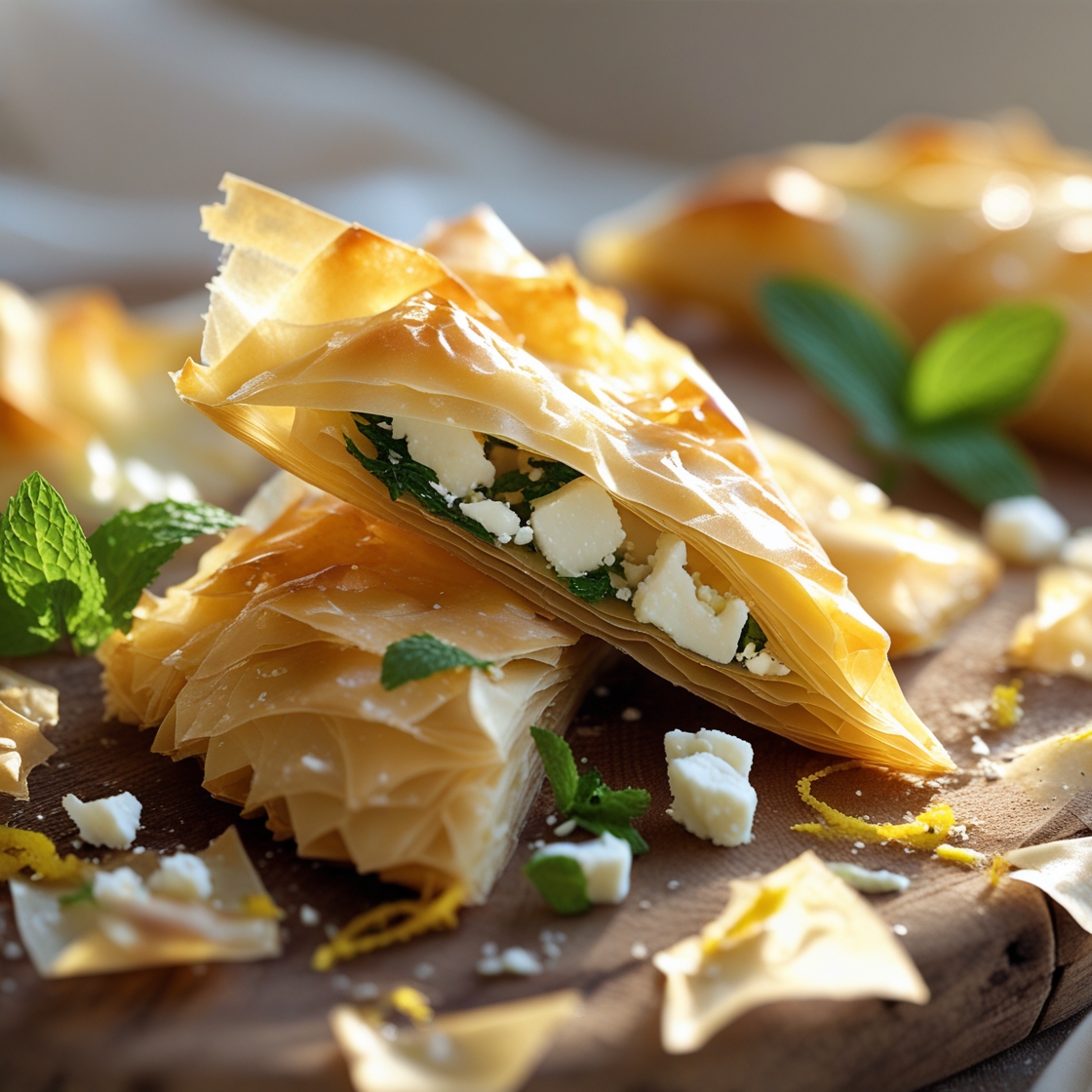 Golden crisp filo pastry with flaky layered texture