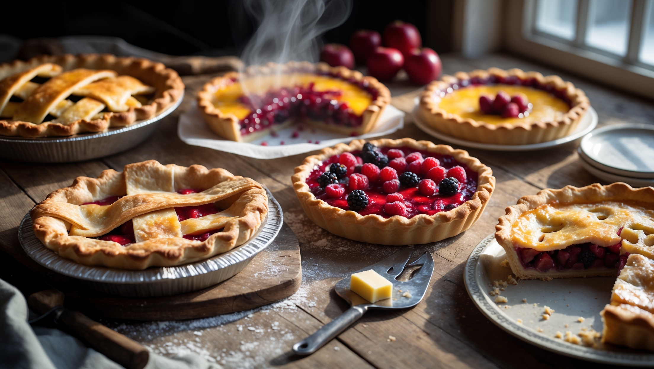 Assortment of homemade pies and tarts with flaky crusts