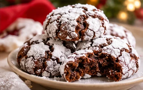 Chocolate crinkle cookies coated in powdered sugar beside festive greenery