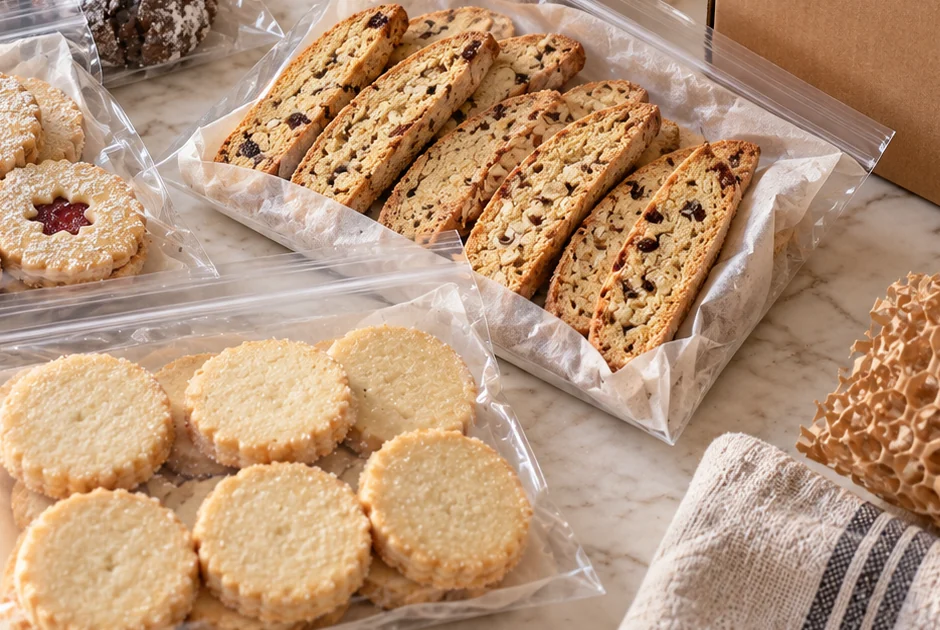 Close view of thick shortbread cookies and almond biscotti packed separately in clear food-safe bags