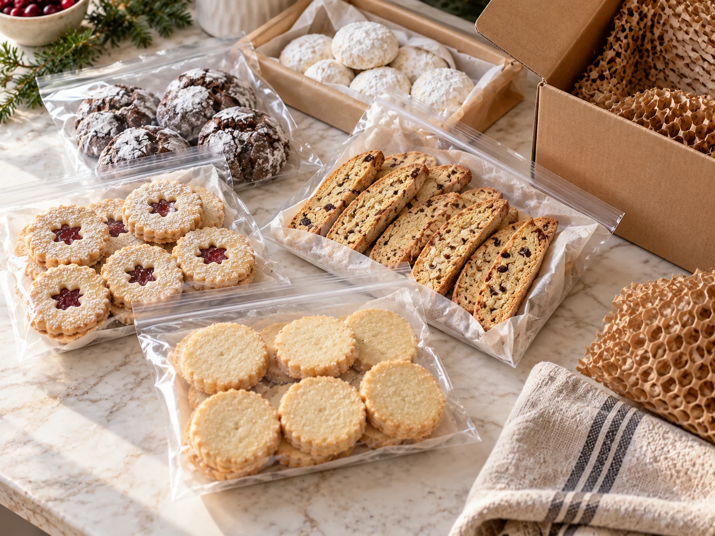 Homemade shortbread, biscotti and other cookies arranged in separate food-safe bags beside a cardboard shipping box