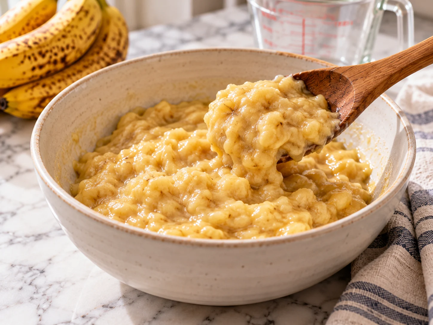 A spoon lifting softened mashed banana from a ceramic bowl ready for banana bread batter