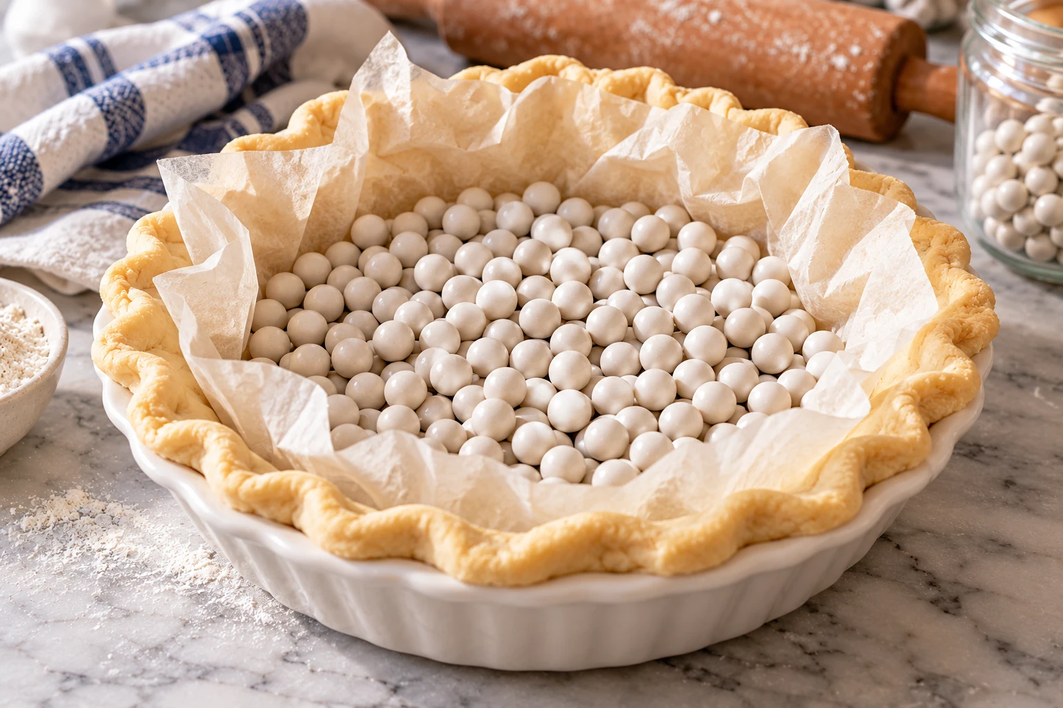 Unbaked pie shell lined with parchment paper and filled with ceramic pie weights