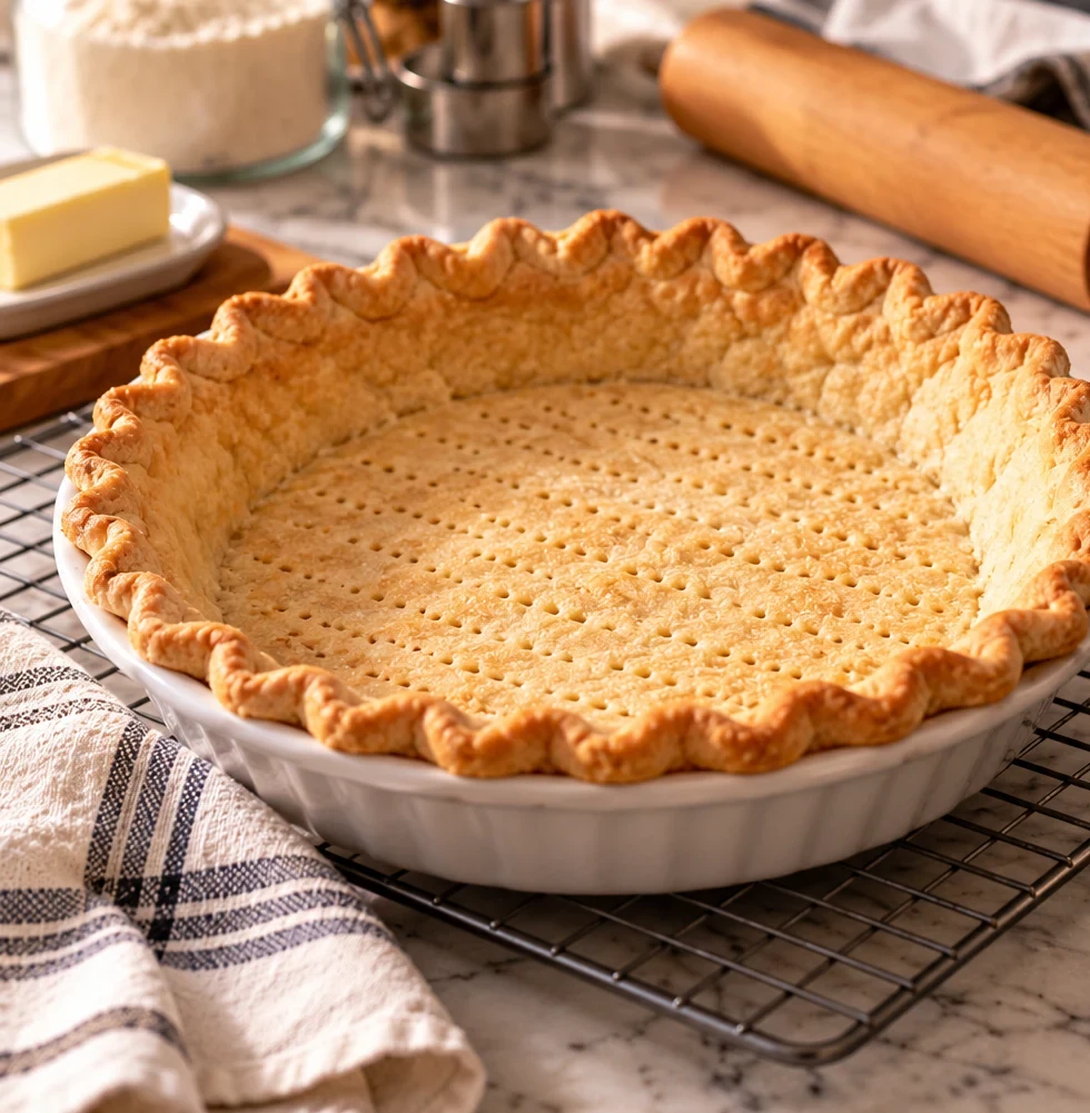 Fully blind-baked golden pastry shell with fork-docked base and crimped edge