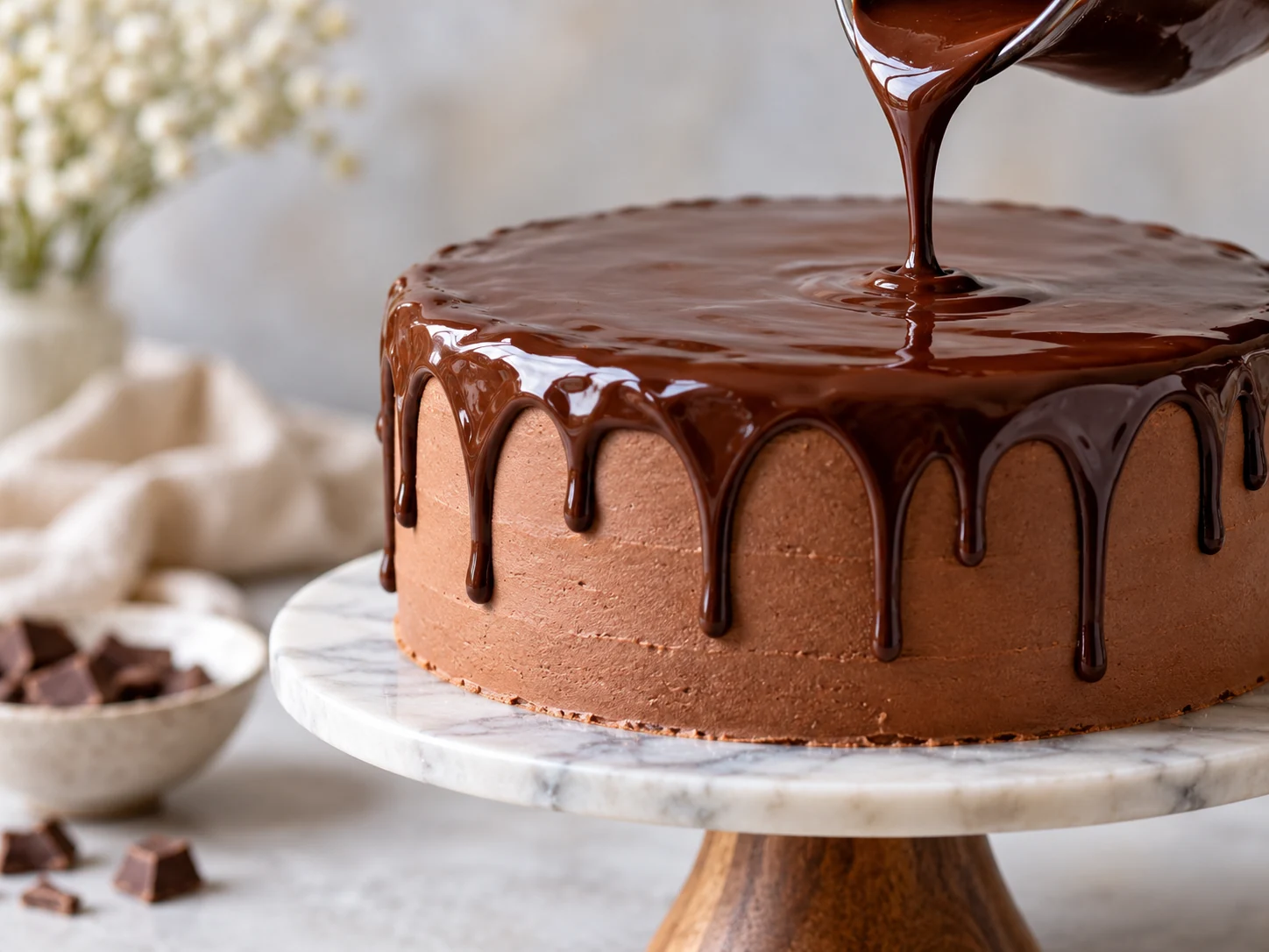 Glossy chocolate ganache being poured over a chocolate-frosted cake to form drips