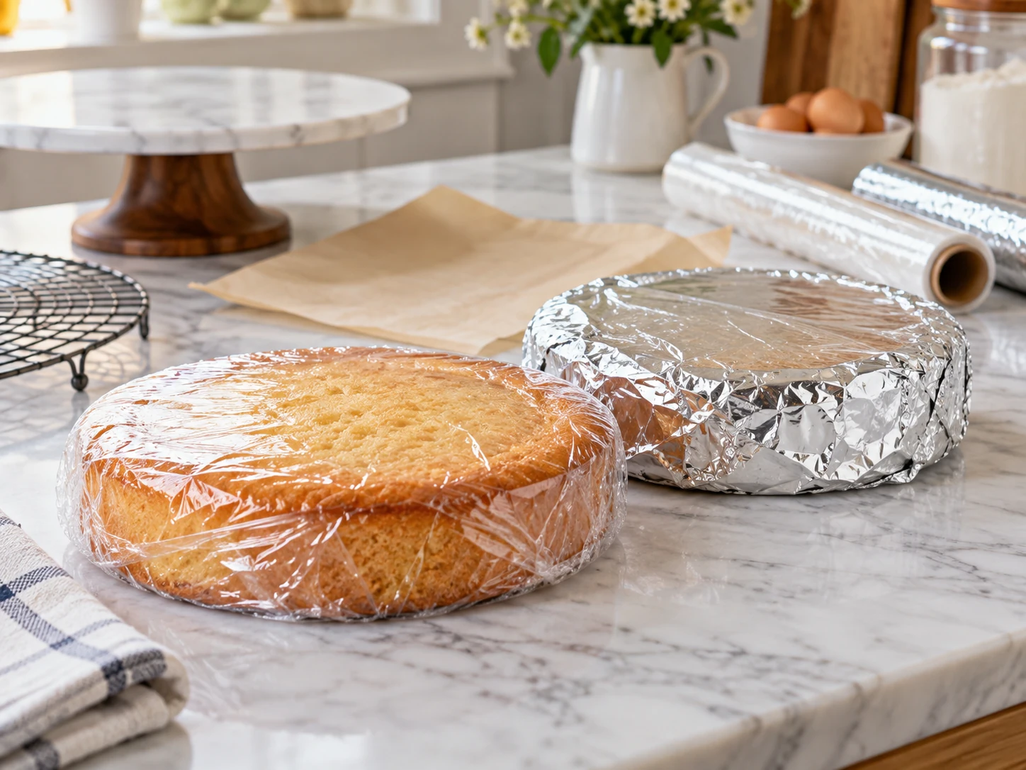 Unfrosted vanilla cake layer covered with plastic wrap and another cake layer protected with foil on a kitchen counter