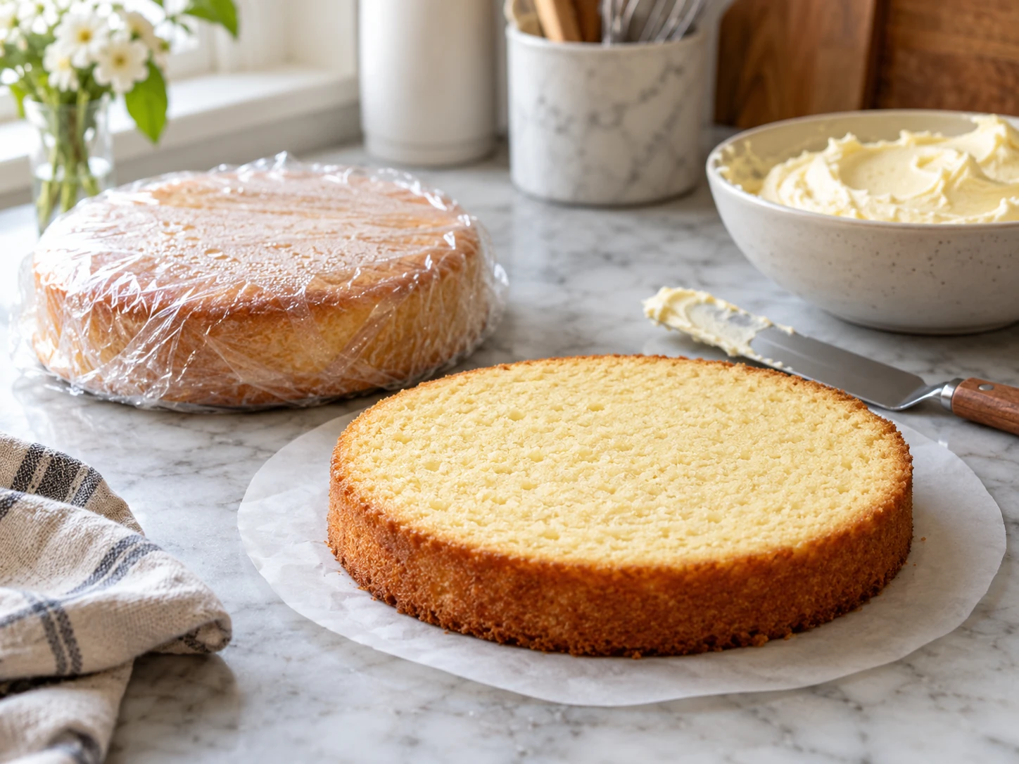 Plain vanilla cake layer beside wrapped cake and bowl of frosting, prepared for layer cake assembly
