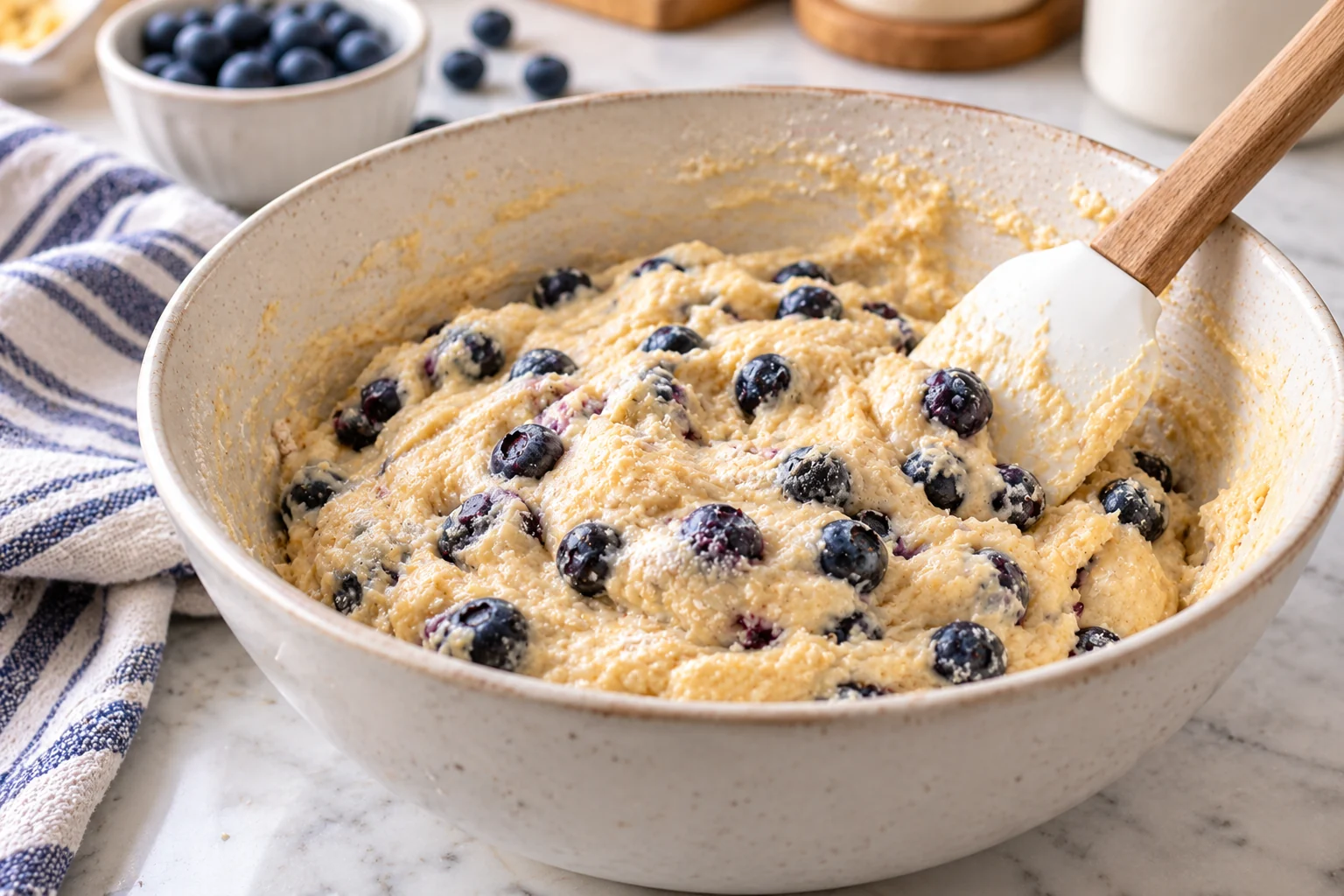 Whole blueberries folded gently into a bowl of thick muffin batter with a spatula