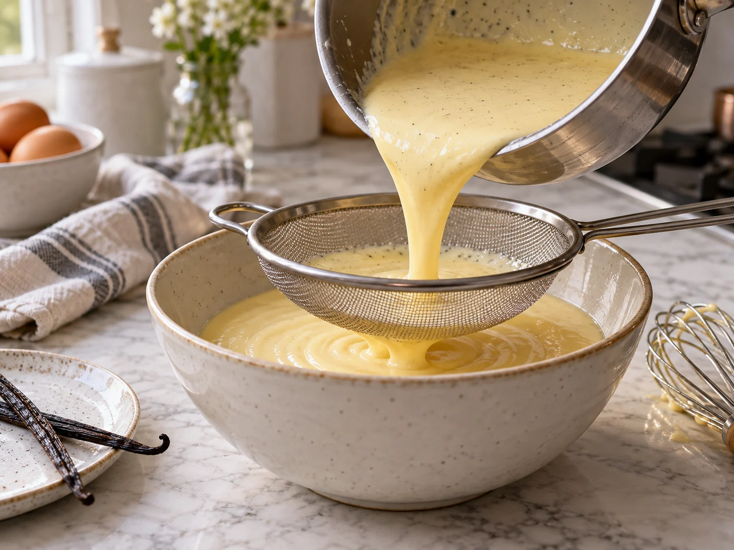 Warm vanilla pastry cream poured through a fine mesh strainer into a bowl