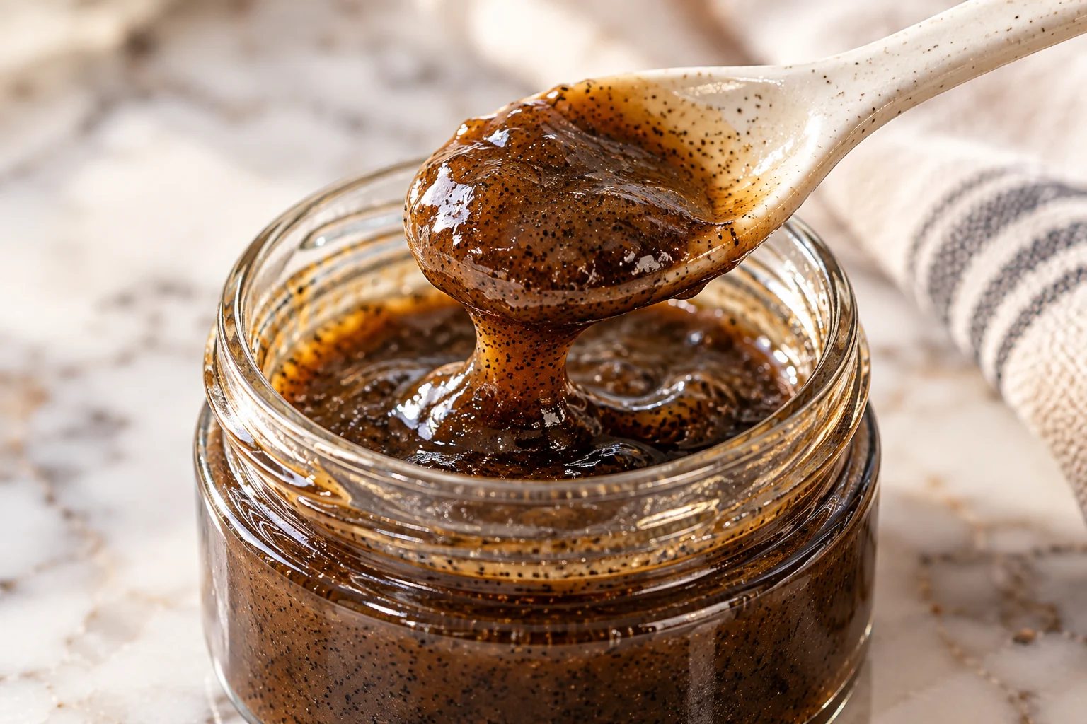 Thick vanilla bean paste with dark vanilla flecks lifted from a glass jar on a spoon