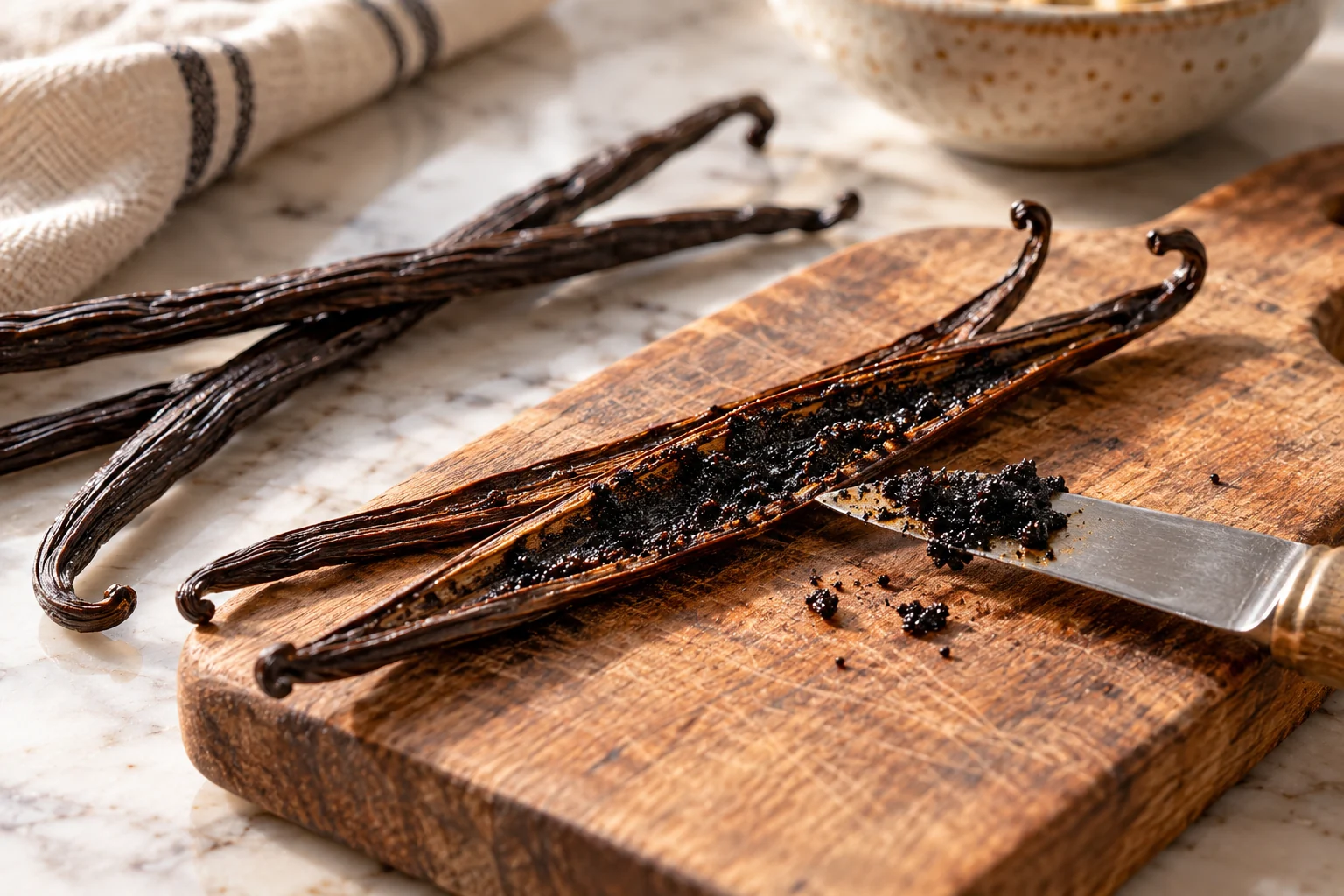 Split vanilla pods with seeds being scraped onto a small knife on a wooden board