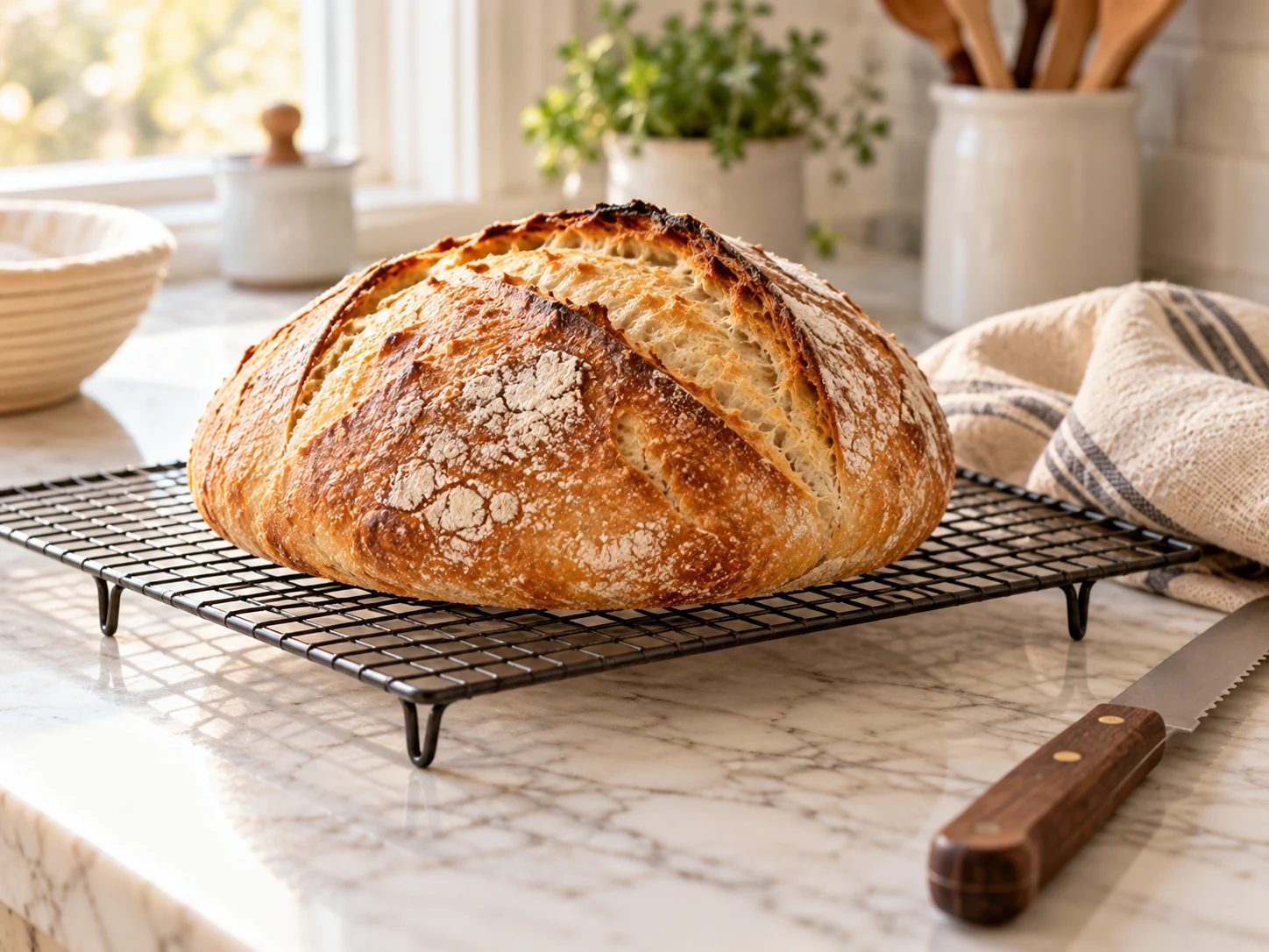 Rustic golden sourdough loaf cooling on a wire rack beside a serrated bread knife
