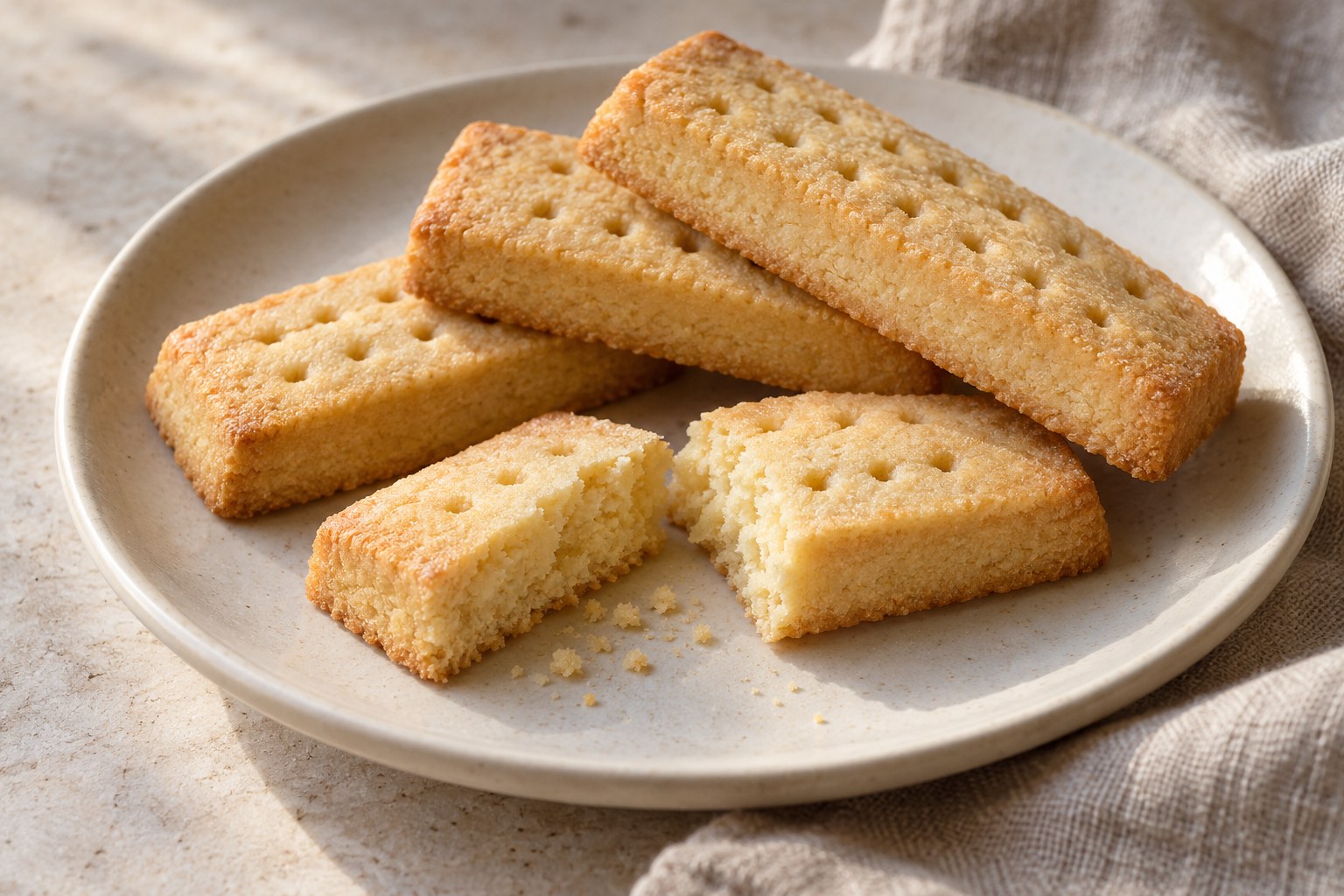 Plain golden shortbread fingers with a fine sandy crumb