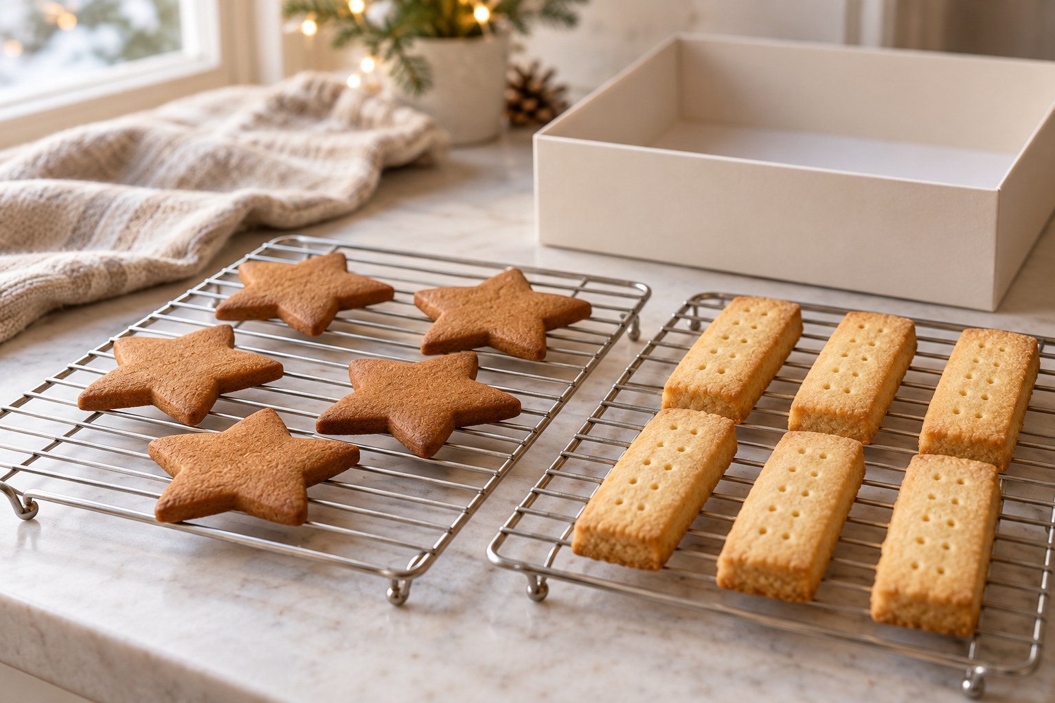 Fully cooled plain gingerbread and shortbread spaced on separate cooling racks