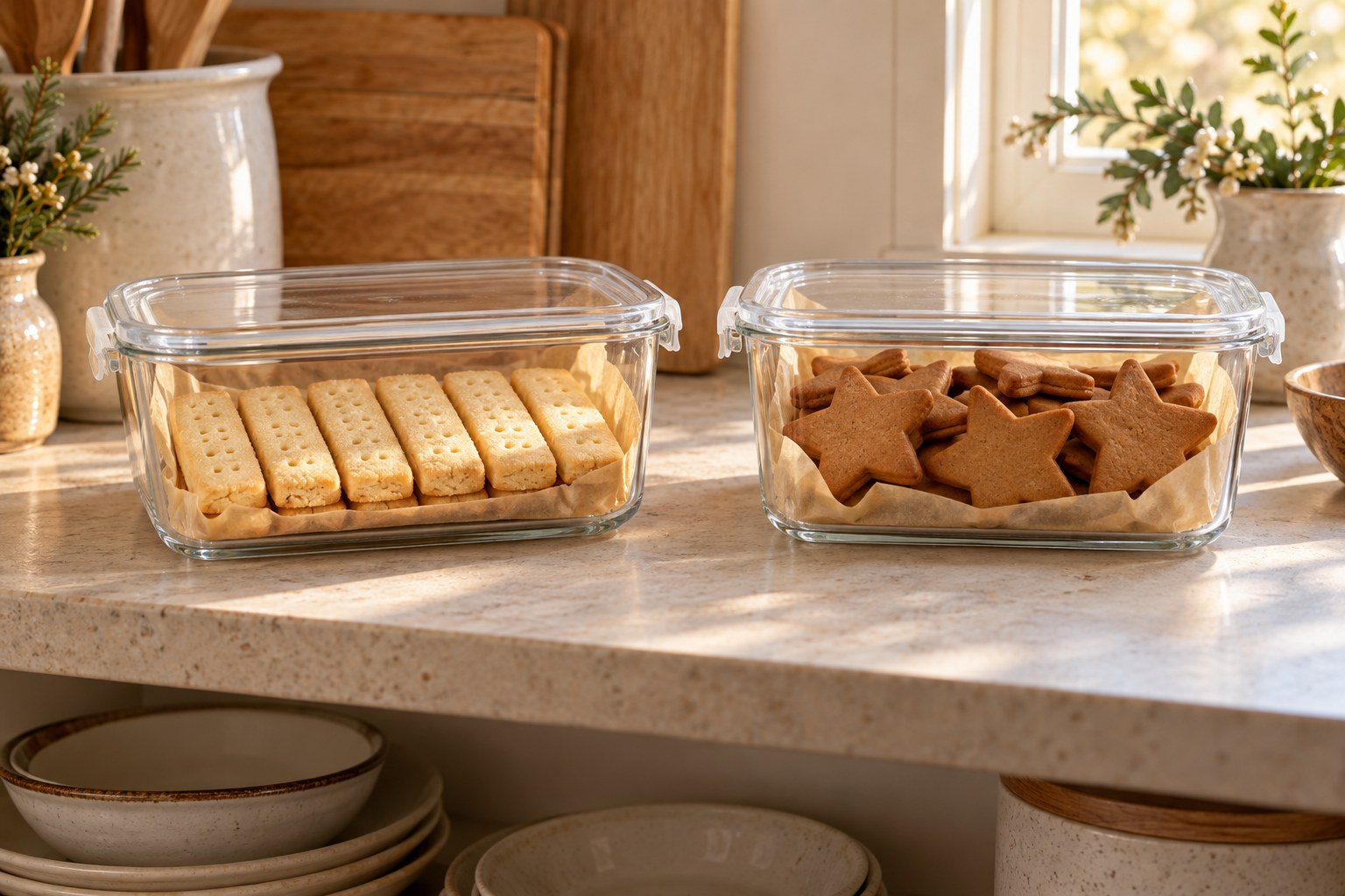 Shortbread and gingerbread stored in separate closed airtight containers before packing