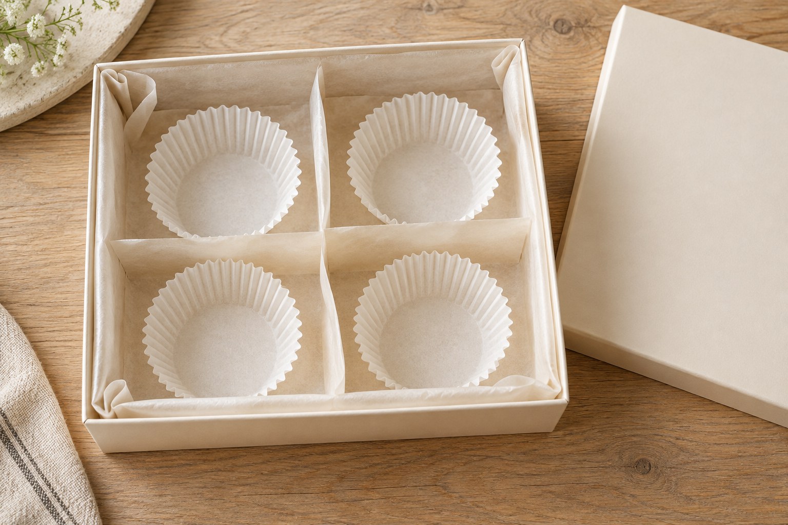 Empty rigid gift box lined with food-safe parchment and arranged paper baking cups