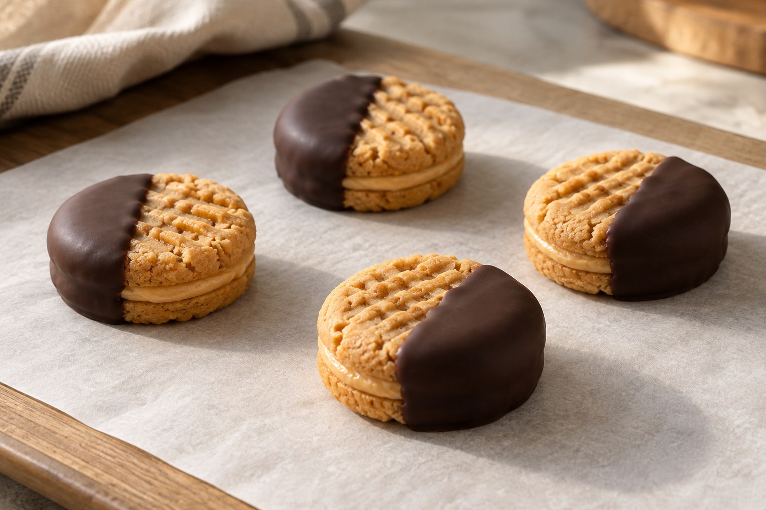 Peanut butter sandwich cookies with fully set chocolate coating on parchment