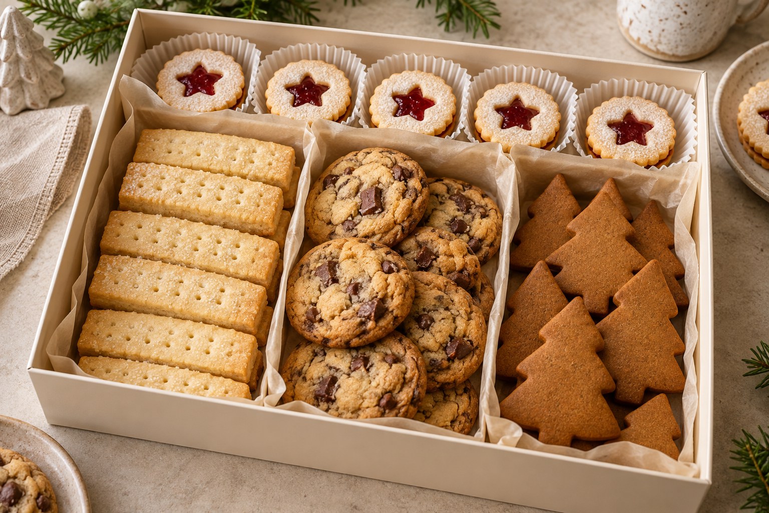 Rigid cookie gift box lined with parchment and paper cups separating cookie varieties