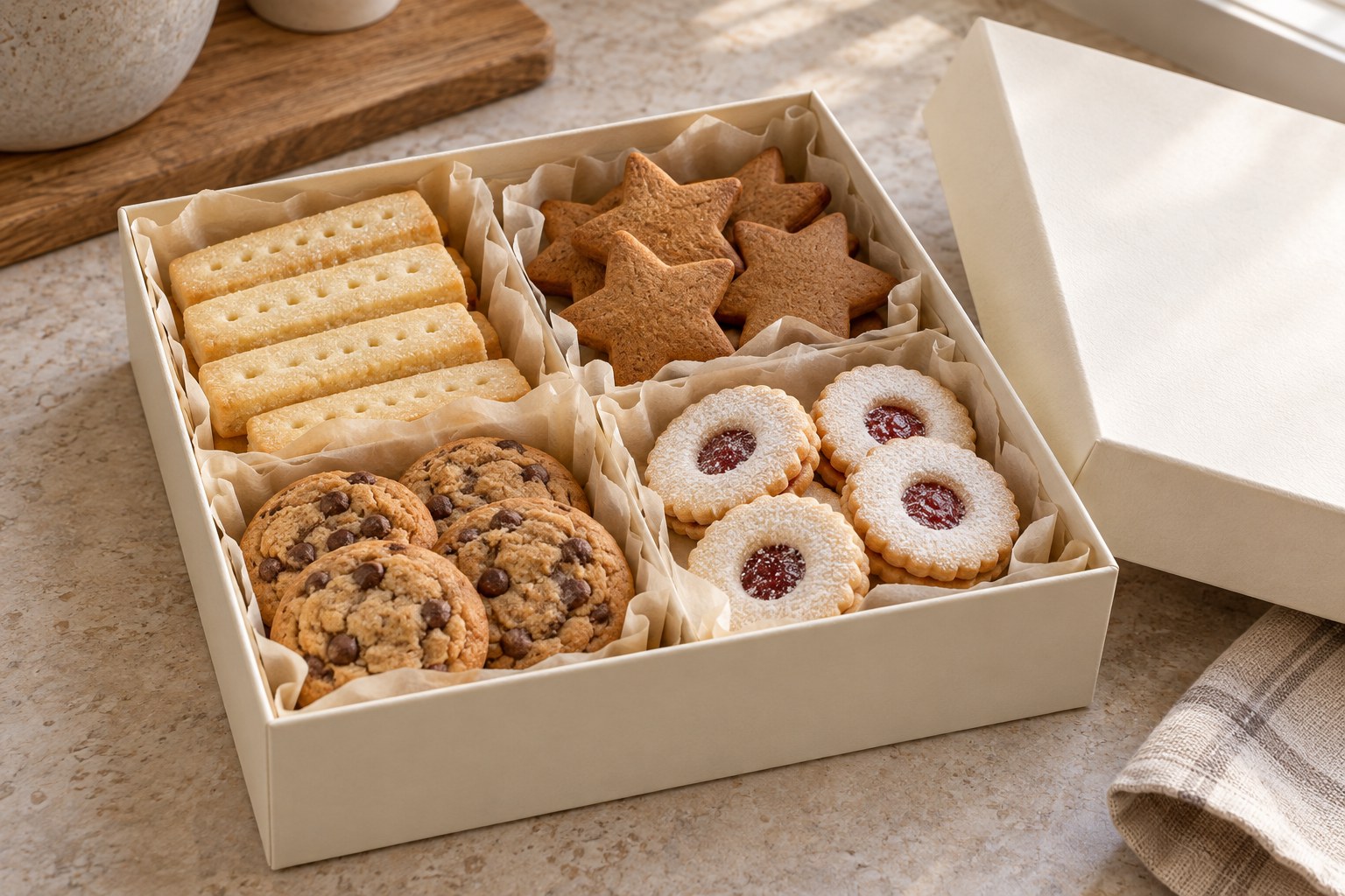 Sample cookie gift box arranged in a single layer with space for the lid to close