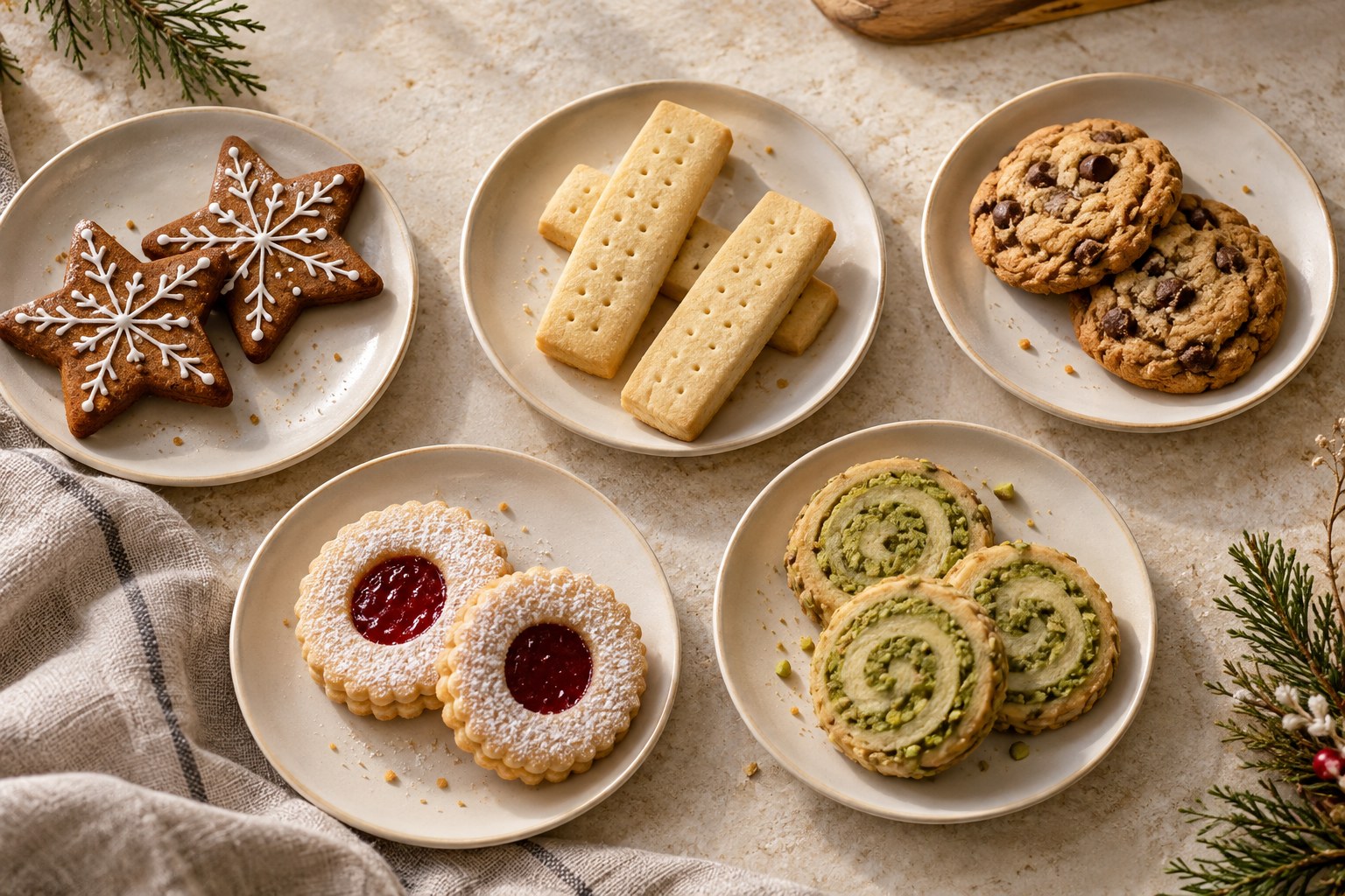 Five contrasting Christmas cookie varieties arranged separately before packing