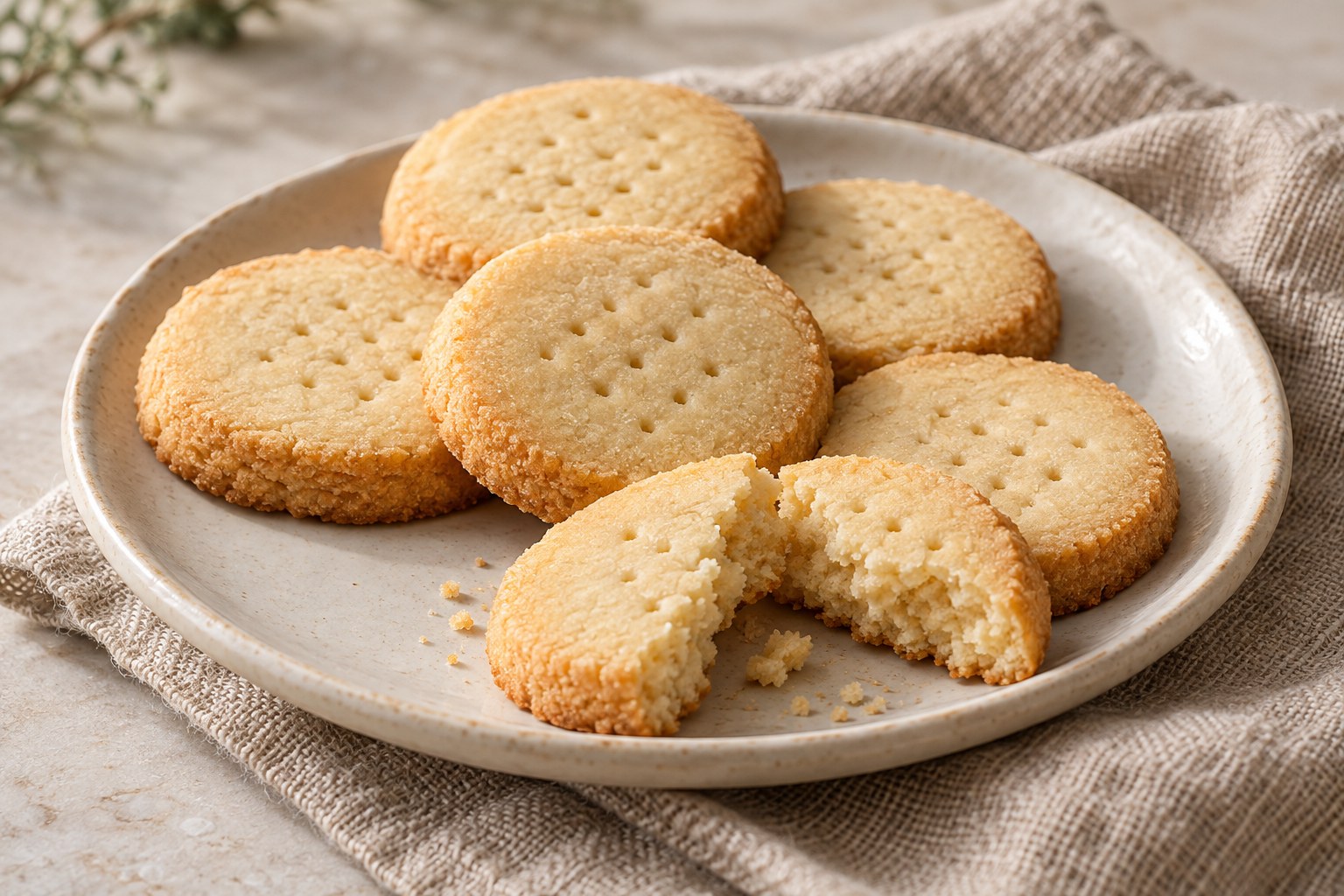 Golden vegan shortbread rounds with delicate fork marks and crumbly edges