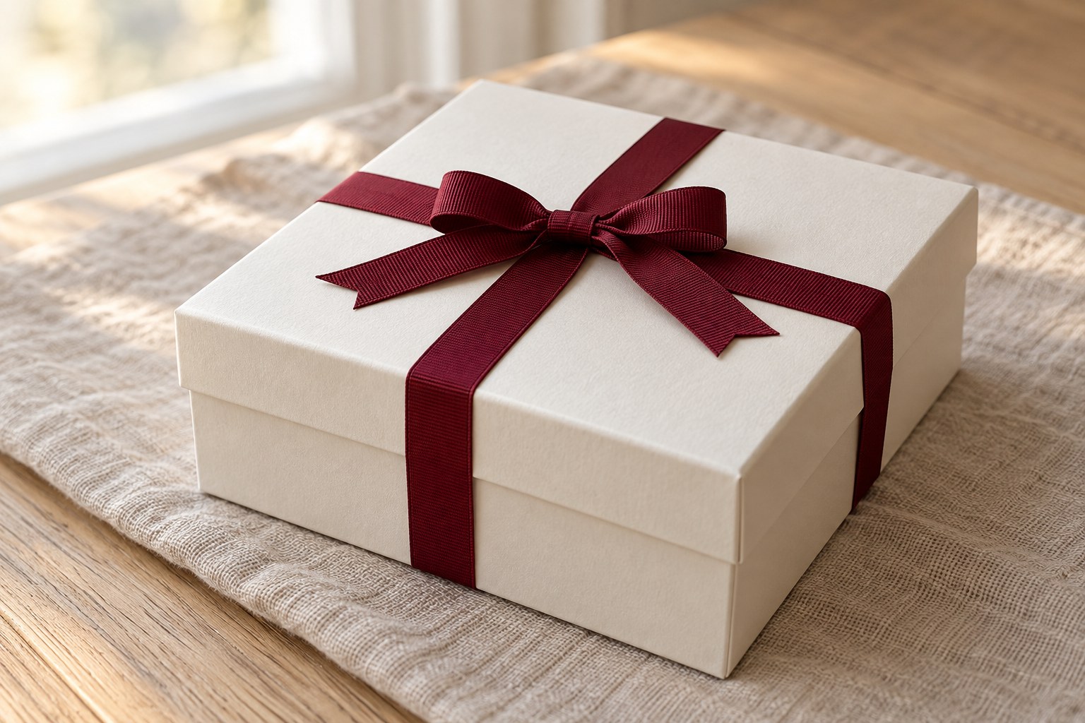 Closed cream cookie gift box finished with a simple burgundy ribbon