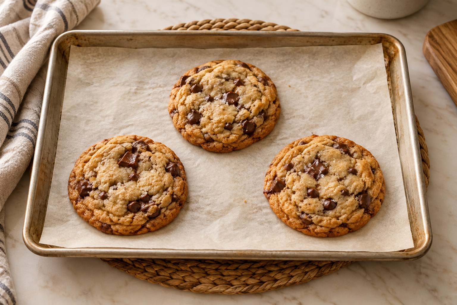 Small test batch of chocolate chip cookies with room to assess spread and doneness