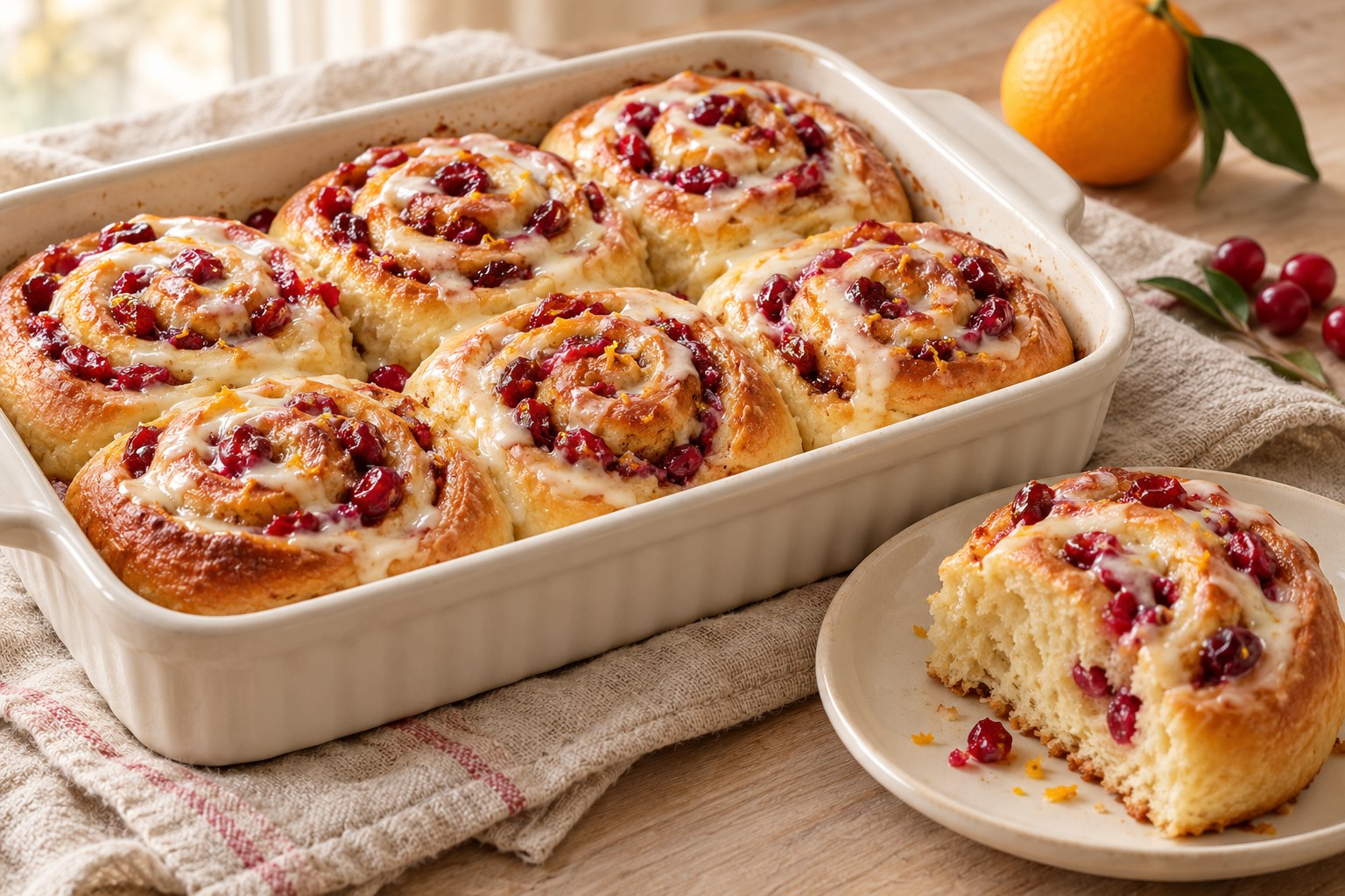 Golden cranberry orange breakfast buns with cream cheese glaze and visible cranberry spirals