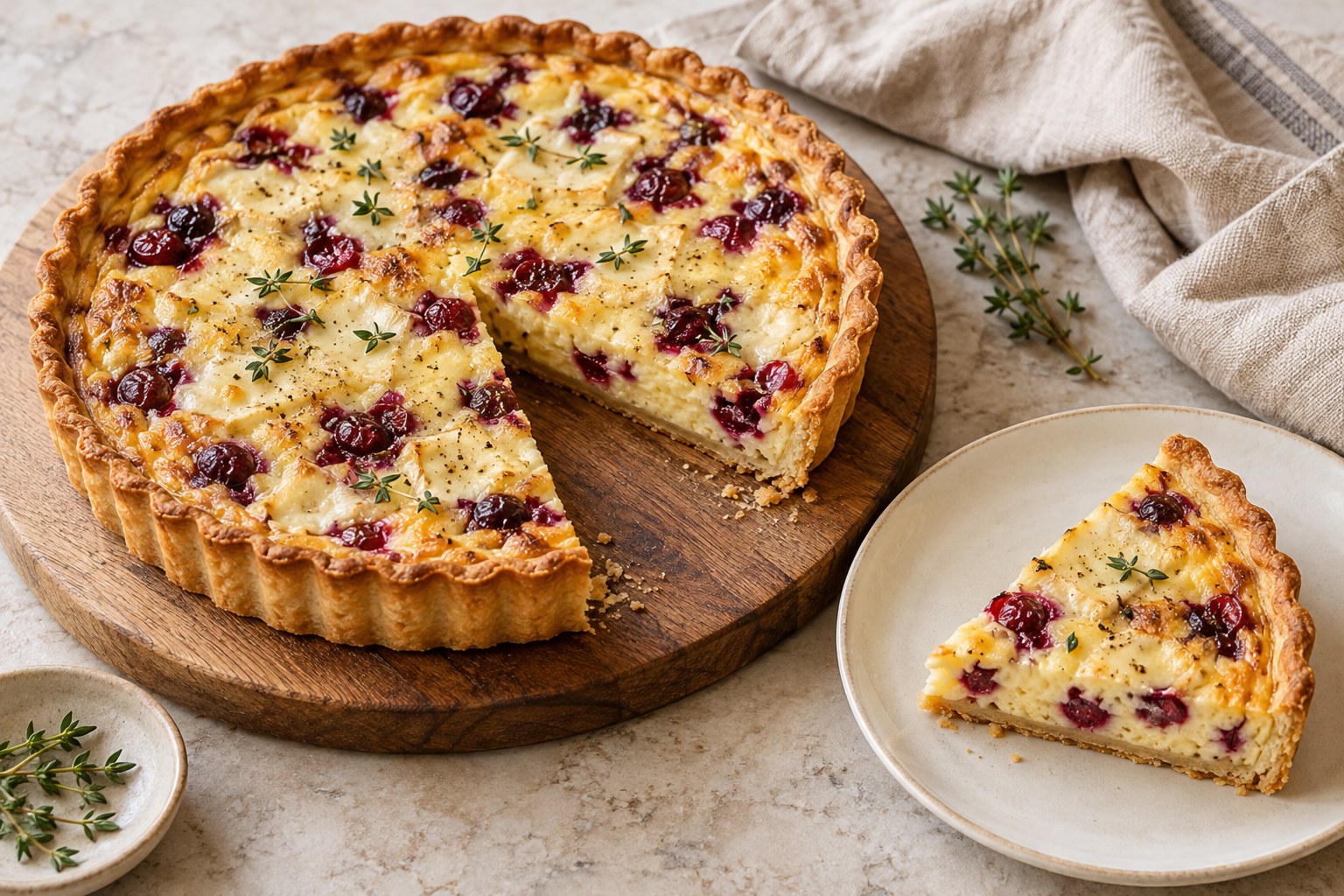 Brie and cranberry quiche with a golden shortcrust edge and thyme