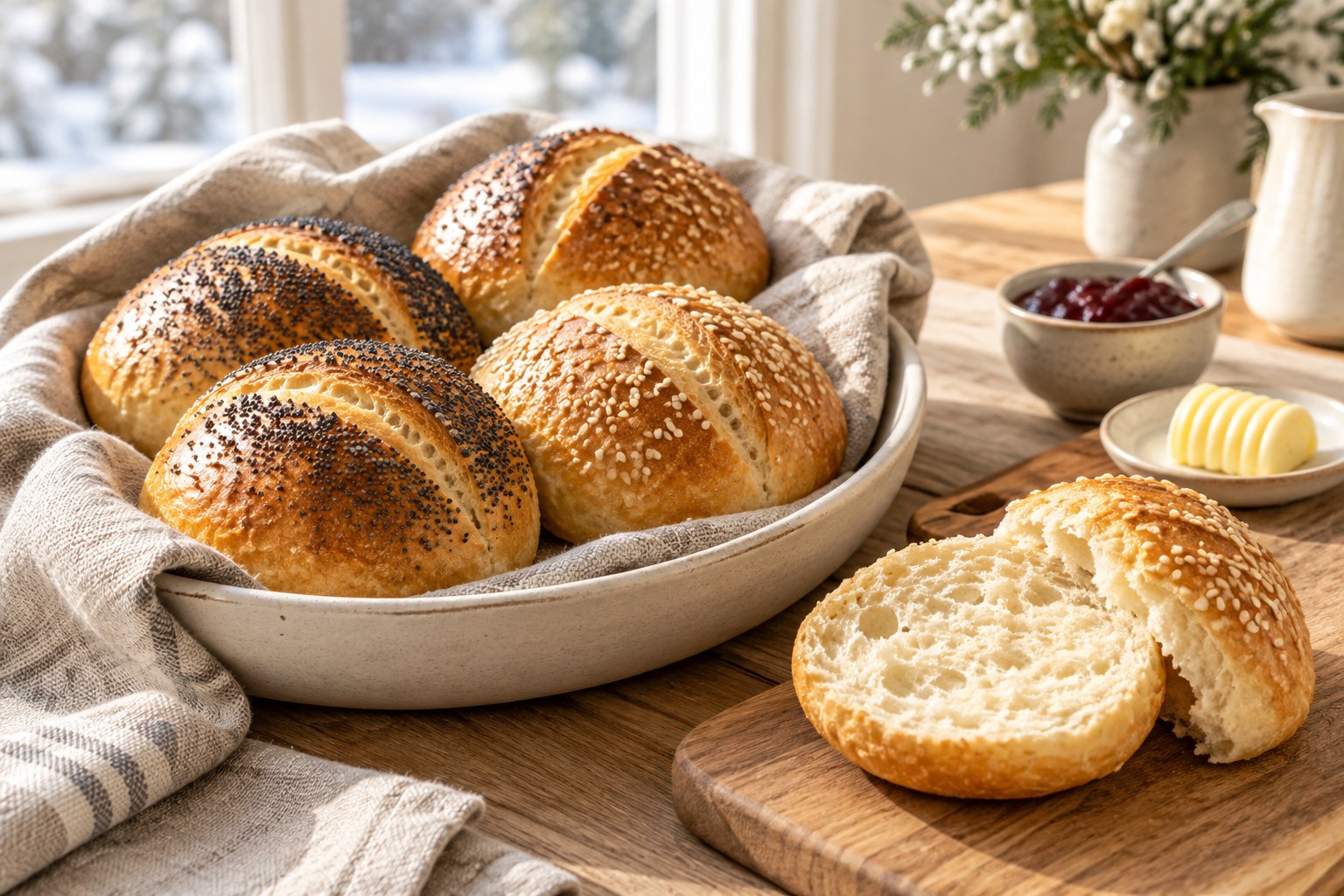 Danish rundstykker breakfast rolls with sesame and poppy seed tops and airy crumb