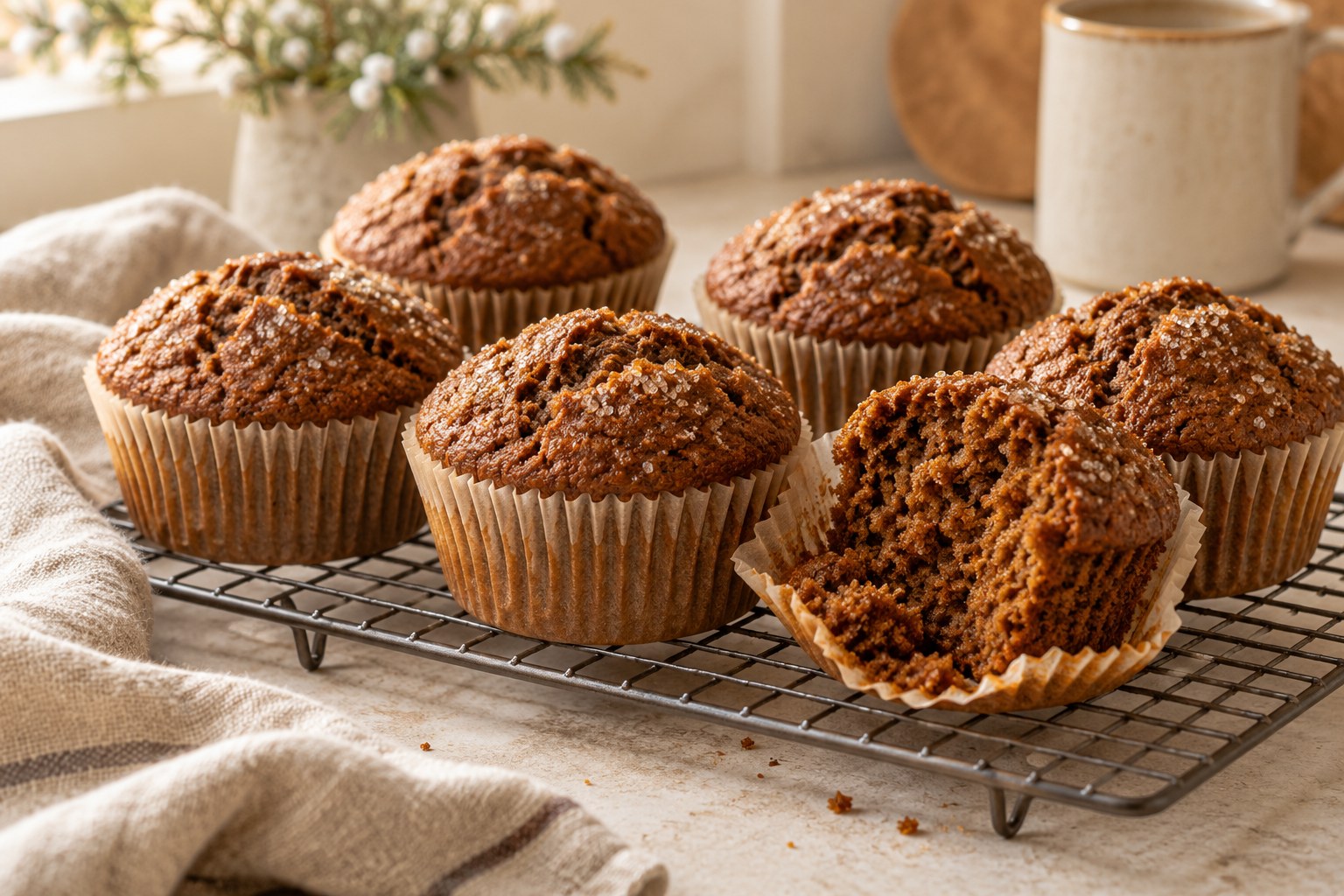 Vegan gingerbread muffins with domed molasses-spiced tops cooling on a rack