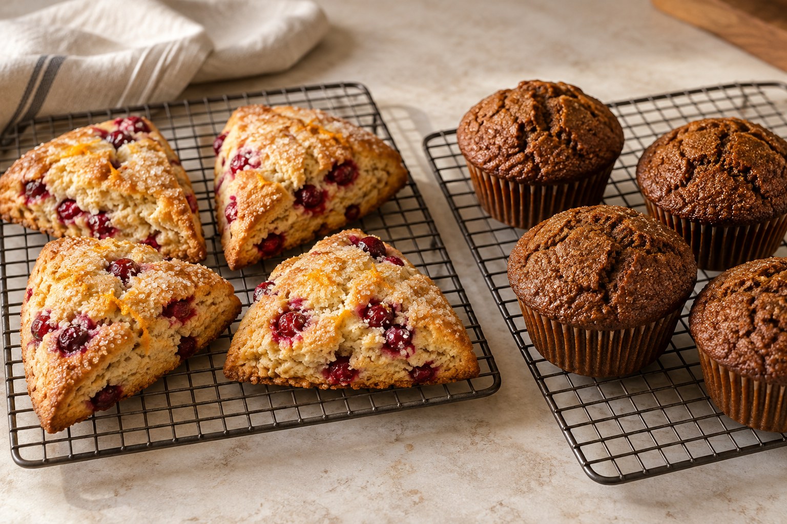 Cranberry orange scones and gingerbread muffins cooling fully on wire racks