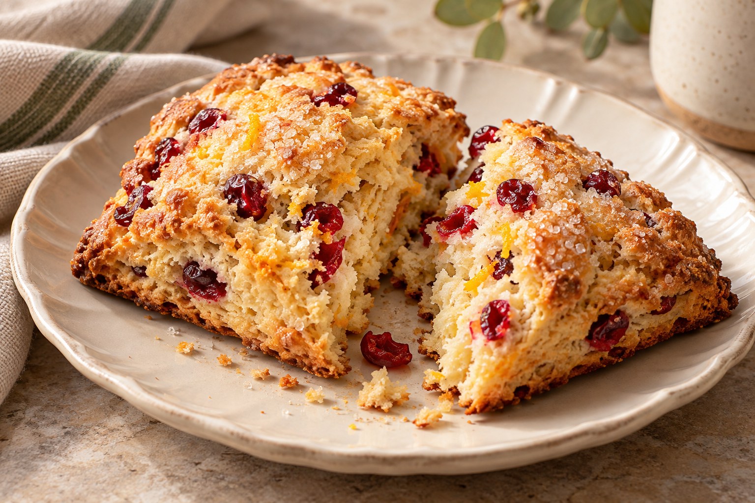 A broken cranberry orange scone showing its flaky interior and crisp sugar crust