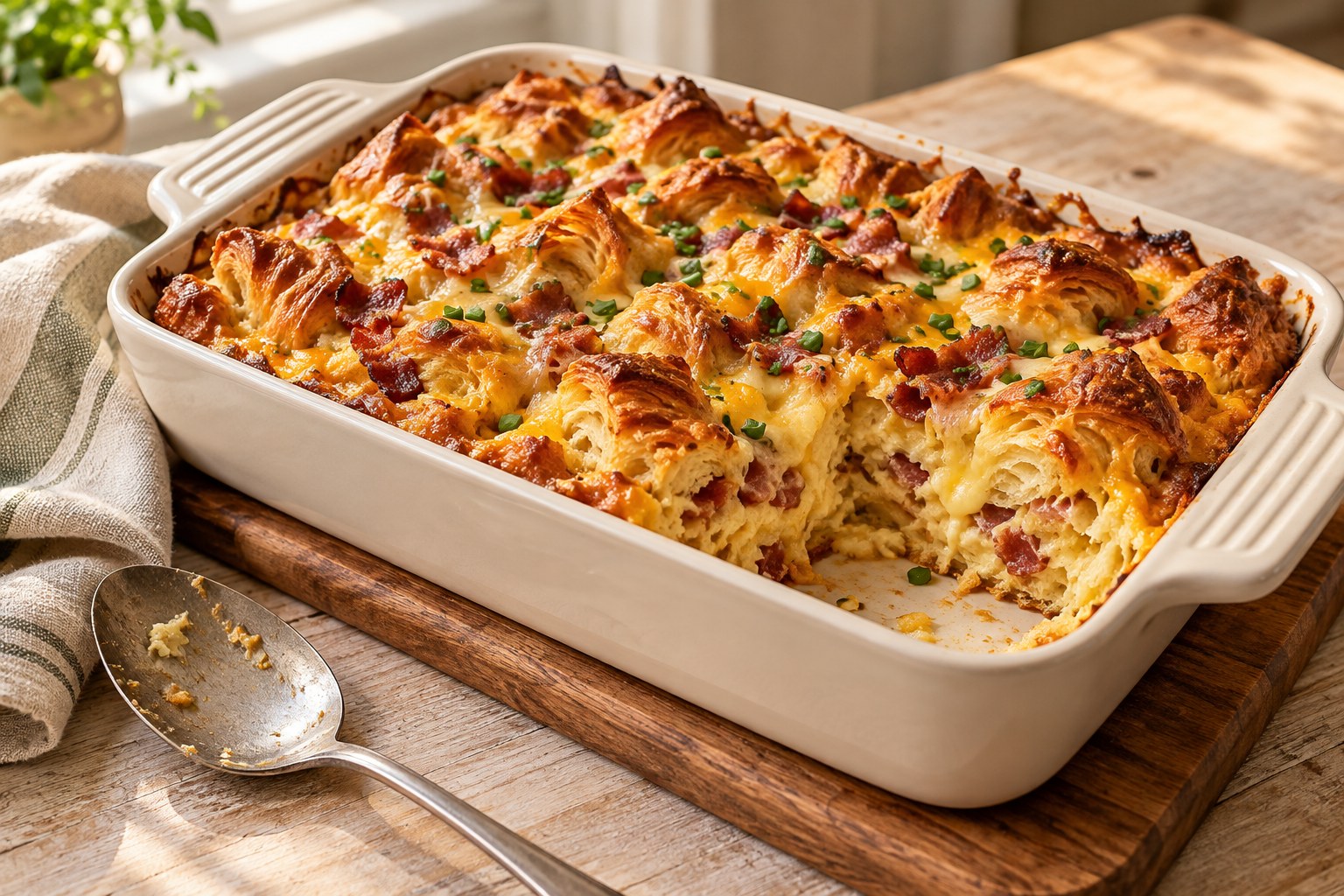 Croissant breakfast casserole with bacon and cheese as the main brunch dish