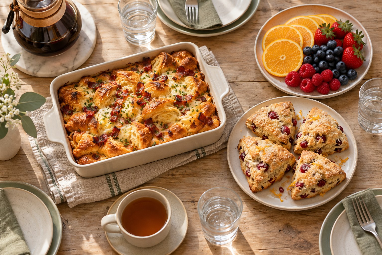 A simple brunch menu of croissant casserole, cranberry orange scones, fruit and drinks