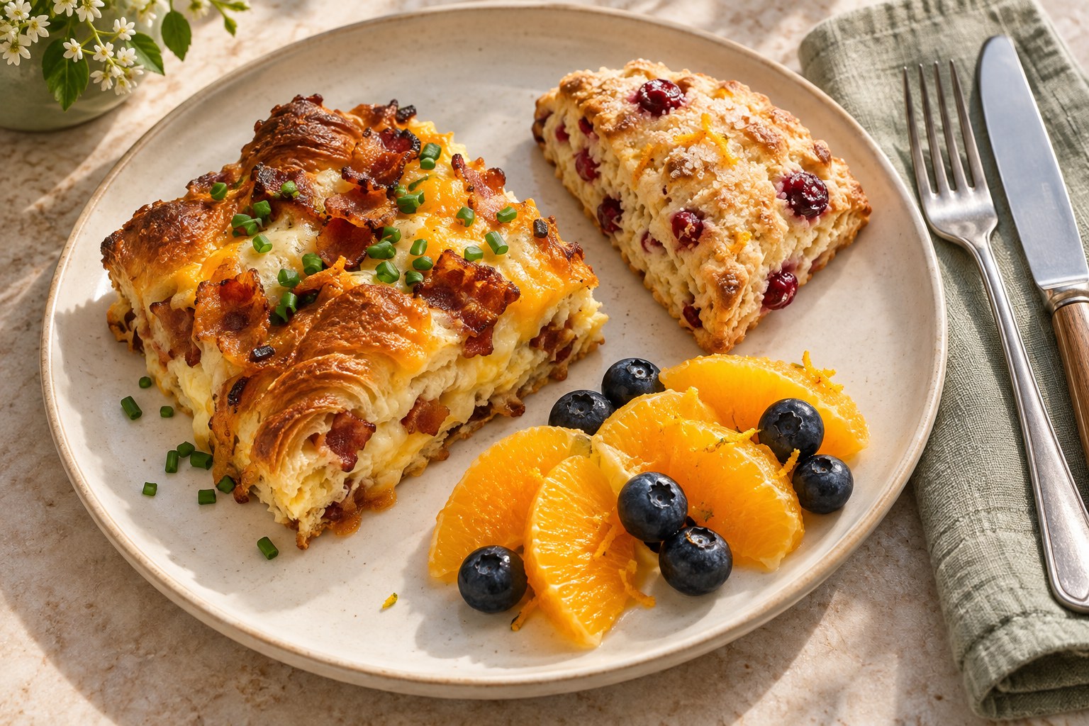 A modest brunch serving with croissant casserole, a small scone and fresh fruit