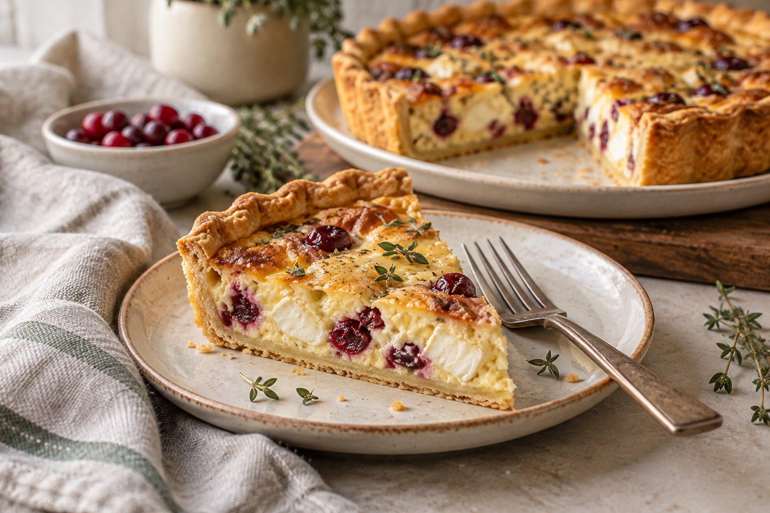 A savory slice of Brie and cranberry quiche with thyme