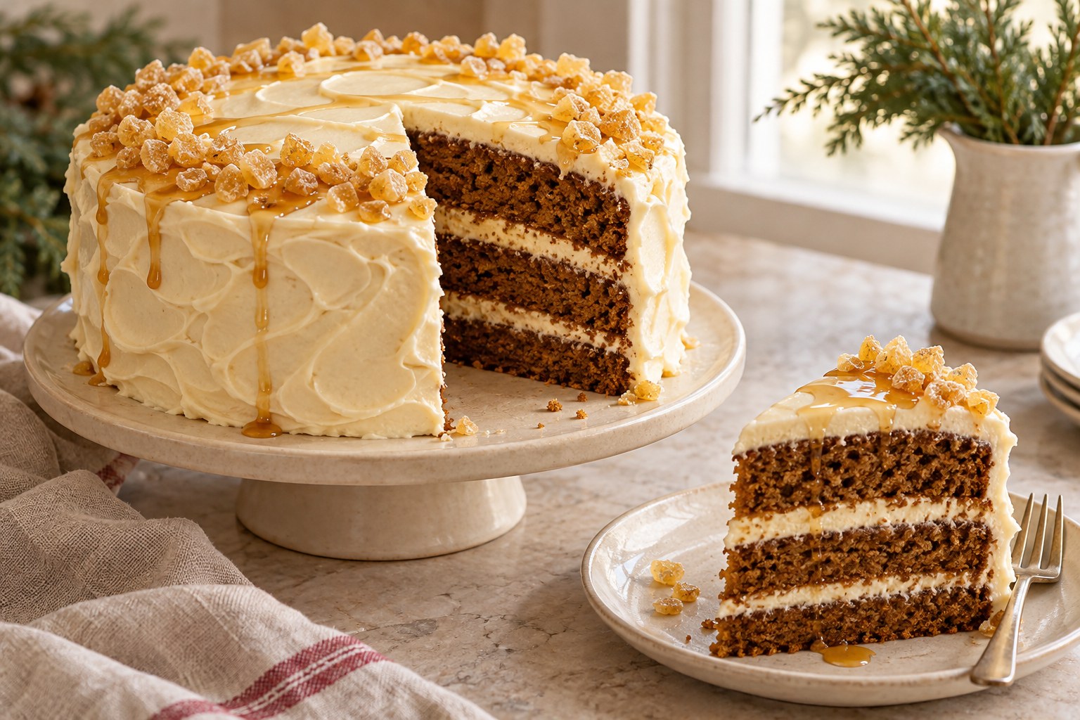 Three-layer gingerbread cake with maple cream cheese frosting and crystallized ginger