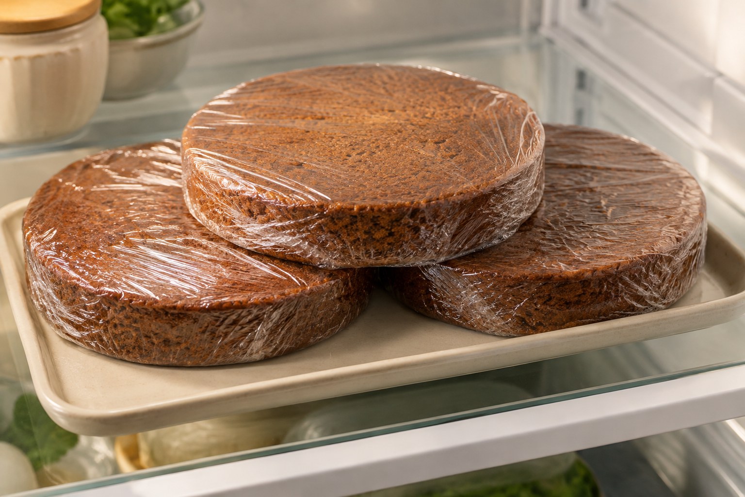 Three cooled gingerbread cake layers individually wrapped for make-ahead preparation