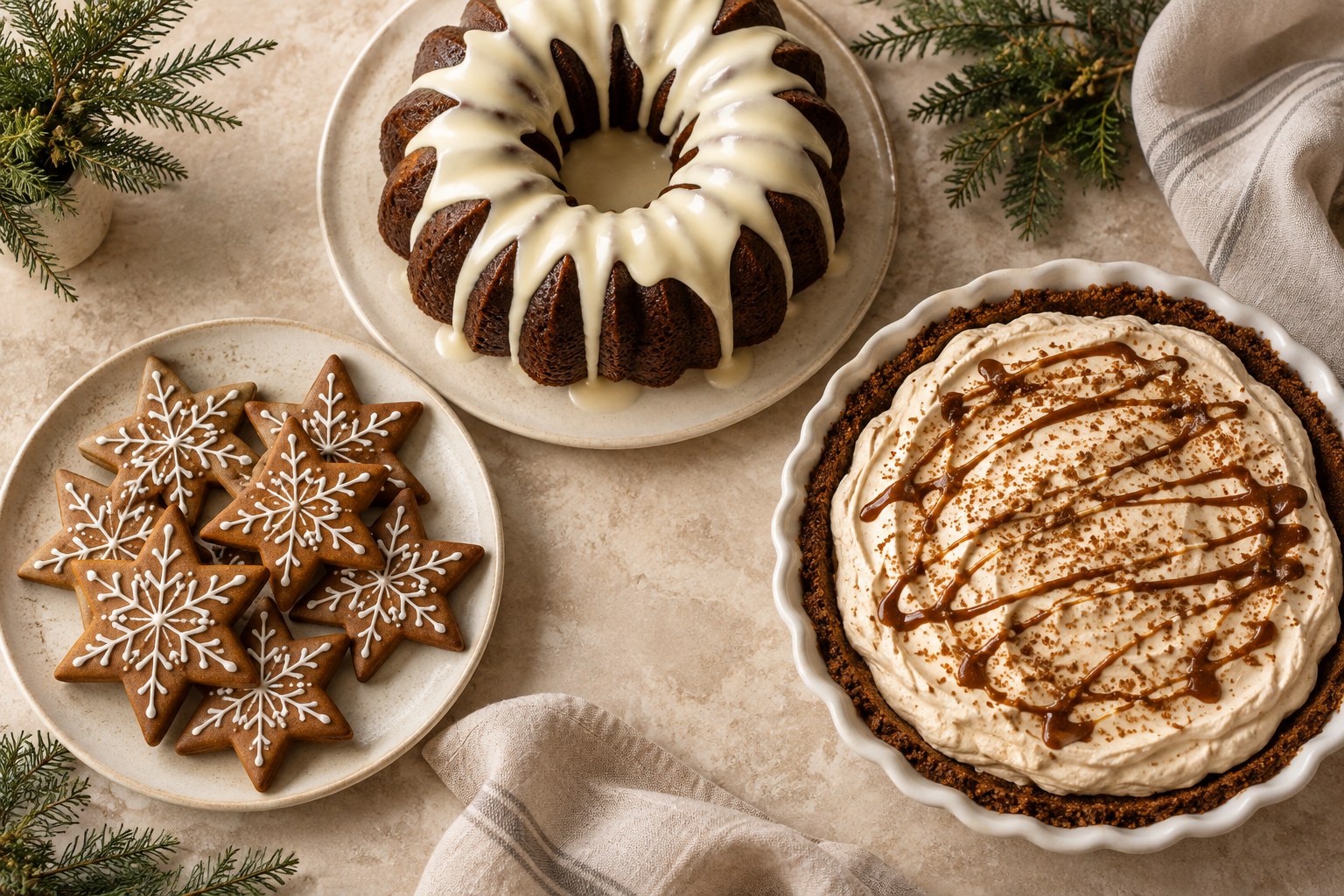 A gingerbread dessert table with classic cookies, glazed Bundt cake and cream pie