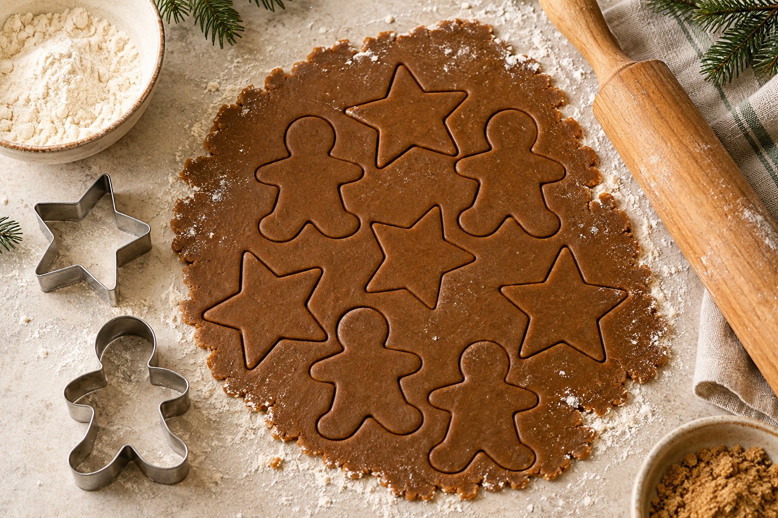 Rolled gingerbread dough with star and person cutters for Christmas cookie decorating