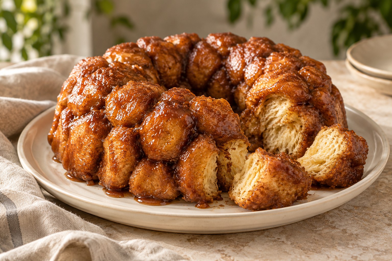 Caramel-coated monkey bread with small pull-apart cinnamon dough pieces