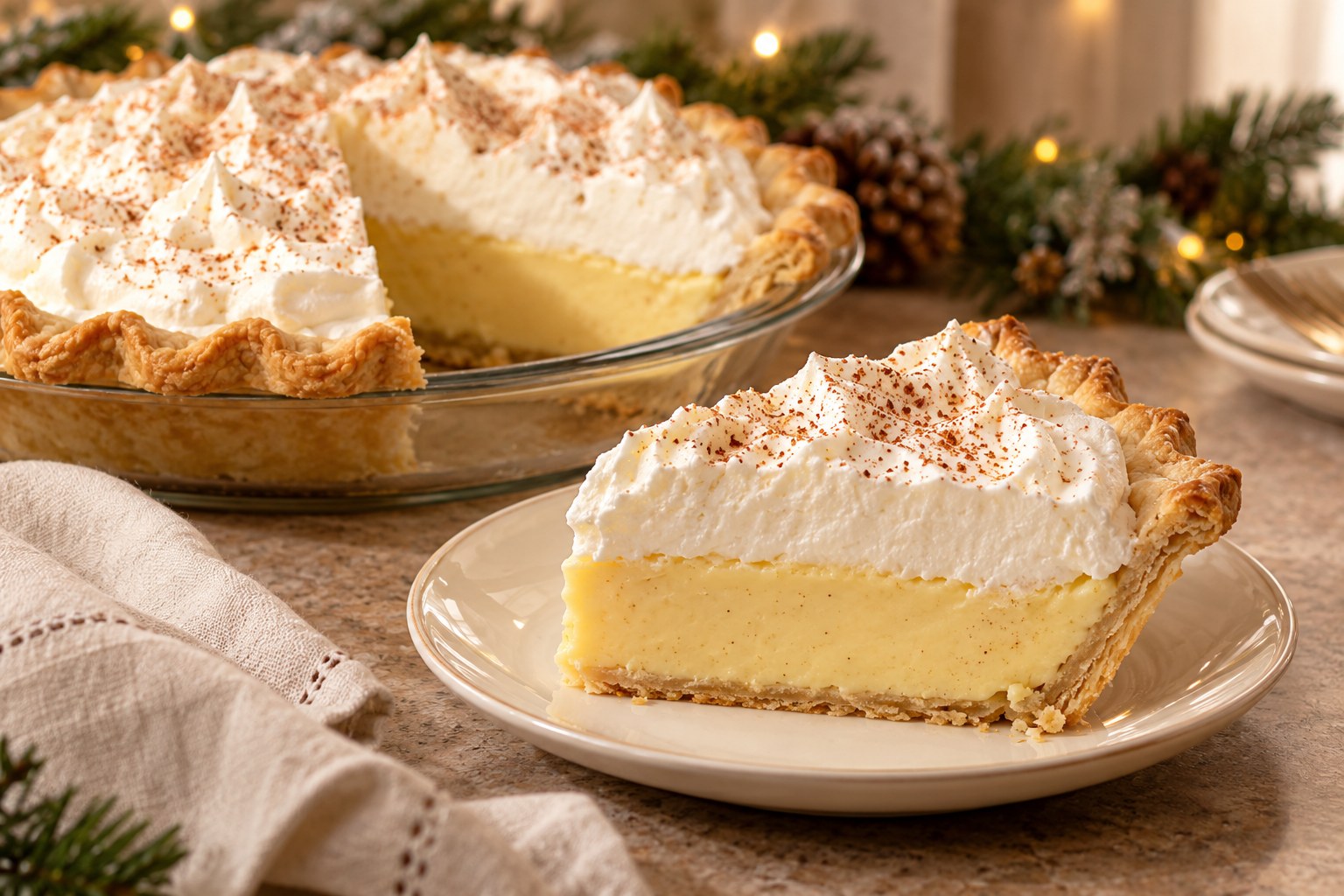 Eggnog cream pie with golden crimped pastry, pale custard and whipped cream dusted with nutmeg