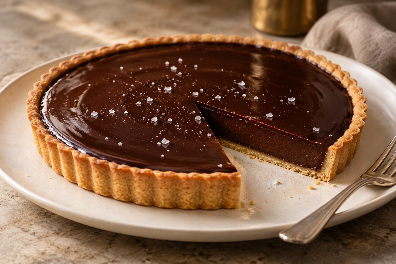 Dark chocolate ganache tart with a thin golden shortcrust pastry and a cleanly cut slice