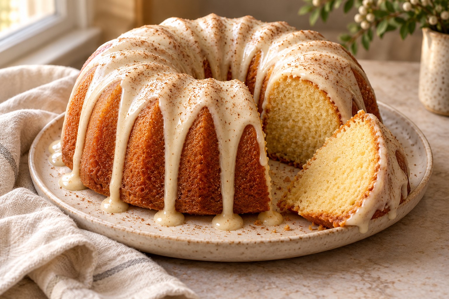 Golden eggnog Bundt cake with eggnog glaze, nutmeg and a slice showing its tender crumb