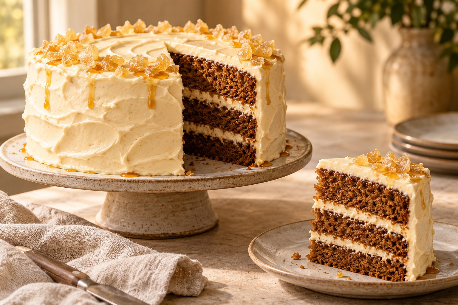 Three-layer gingerbread cake with maple cream cheese frosting, maple drizzle and crystallized ginger