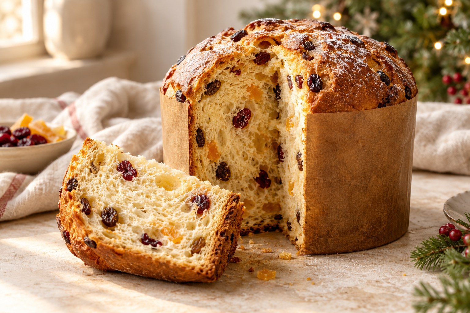 Tall vegan panettone with a golden crown and sliced airy crumb studded with dried fruit and citrus peel