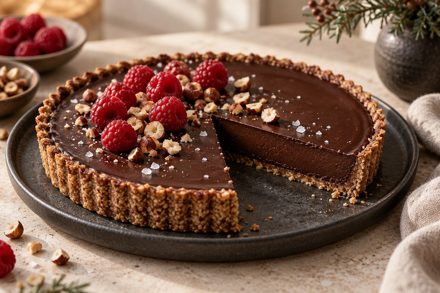 Vegan chocolate tart with oat and almond crust, raspberries and chopped hazelnuts