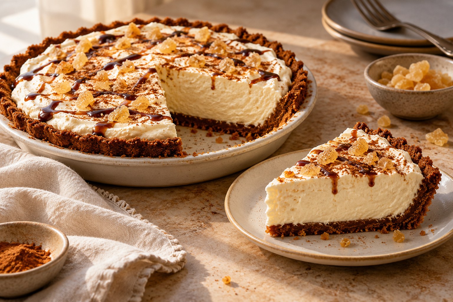 Gingerbread cream pie with gingersnap crumb crust, molasses drizzle and crystallized ginger