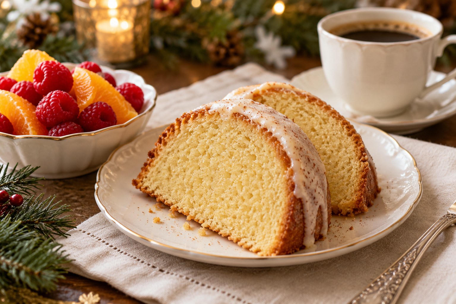 Eggnog Bundt cake slices served with fresh fruit for a balanced Christmas dessert menu